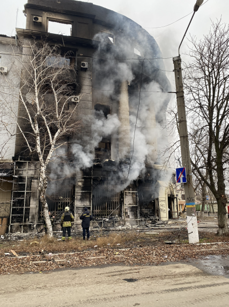Smoke rises from a building in central Bakhmut after a Russian artillery shelling